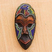 African beaded wood mask, 'Serie' - Beaded Wood African Mask with Bird Motif