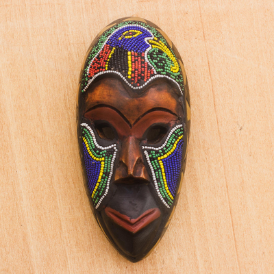 African beaded wood mask, 'Serie' - Beaded Wood African Mask with Bird Motif