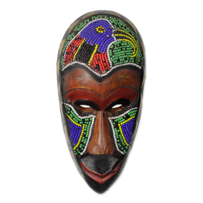 Beaded Wood African Mask with Bird Motif