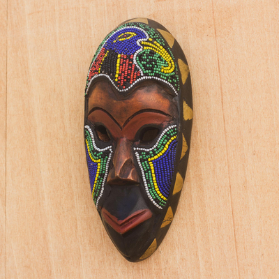 African beaded wood mask, 'Serie' - Beaded Wood African Mask with Bird Motif