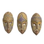 African beaded wood masks, 'Wise Counsel' (set of 3) - Artisan Crafted Small Wood Masks with Glass Beads (Set of 3)