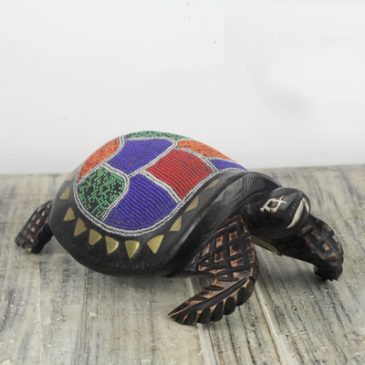 Beaded wood sculpture, 'Queen Turtle' - Colorful Beaded Turtle Sculpture Handmade in Ghana