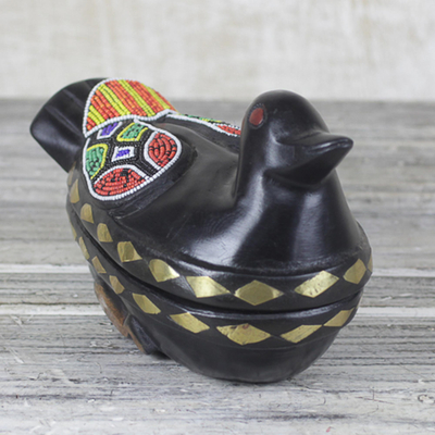 Wood, brass, and recycled glass beaded decorative box, 'Little Duck' - Hand Crafted Wood Decorative Duck Keepsake Box from Ghana