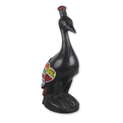 Wood and recycled glass bead statuette, 'Pretty Peacock' - Wood and Recycled Glass Bead Peacock Statuette from Ghana
