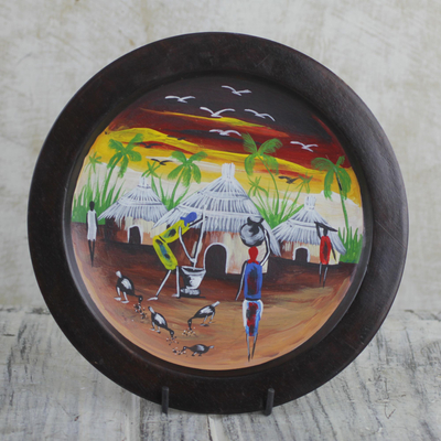 Dekorativer Holzteller und Ständer - Handbemalter dekorativer Teller mit Dorfszene