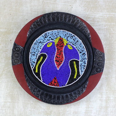 Decorative beaded wood plate, 'Two Birds' - Beaded Wood Decorative Plate Crafted in Africa