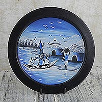 Soporte y placa de madera decorativa - Plato decorativo artesanal de pueblo pesquero africano