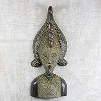 African wood mask, 'Groom' - West African Hand Crafted Wood and Aluminum Plated Male Mask
