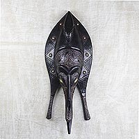 African wood mask, 'Triple Fish' - Fish Shaped African Wood and Metal Mask