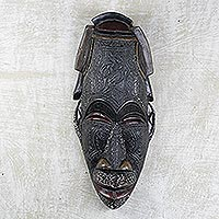 African wood and metal mask, 'Peace in Our Time' - Vintage Look African Wood and Metal Wall Mask