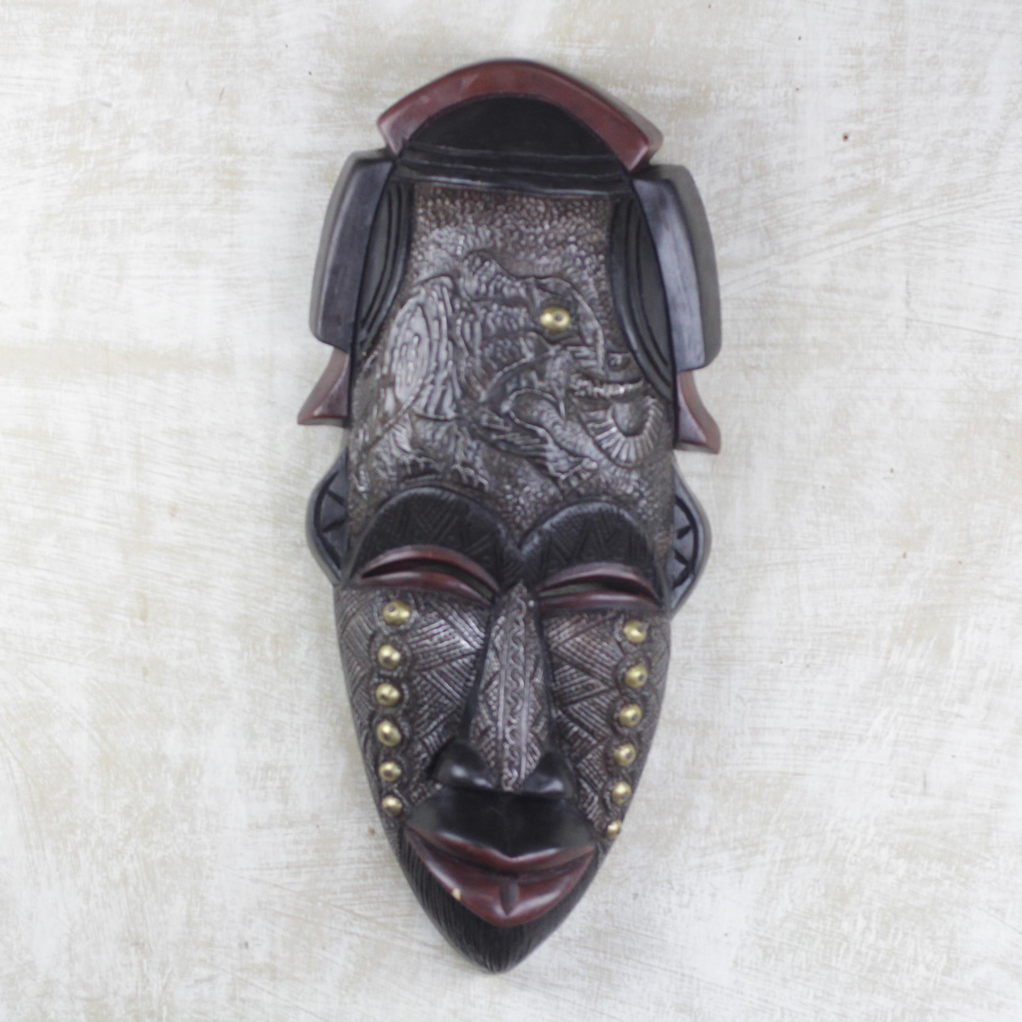 Hand Carved Sese Wood Aluminum Brass African Mask - Agona | NOVICA