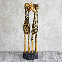 Wood sculpture, 'Kissing Giraffes' - Hand Carved and Painted Kissing Giraffes Wood Sculpture