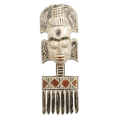 Wood mask, 'Comb Majesty' - Hand-Carved Sese Wood African Mask and Comb Wall Art