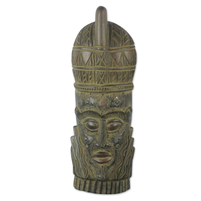 African wood and metal mask, 'Ode to a King' - Hand Carved Wood and Aluminum African Mask