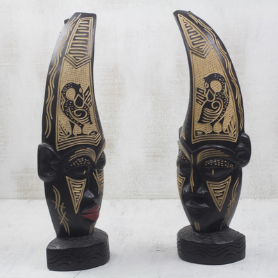 African wood masks, 'Sankofa Twins' (pair) - African Wall or Table Masks with Adinkra Symbols (Pair)