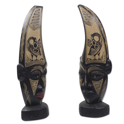 Afrikanische Holzmasken, (Paar) - Afrikanische Wand- oder Tischmasken mit Adinkra-Symbolen (Paar)