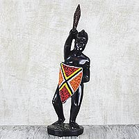 Beaded wood sculpture, 'African Warrior' - Beaded Wood Sculpture of African Warrior