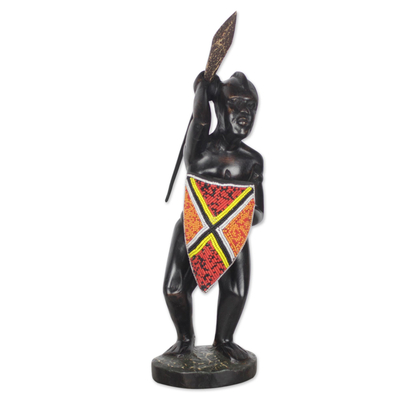 Escultura de madera con cuentas - Escultura de madera con cuentas de guerrero africano