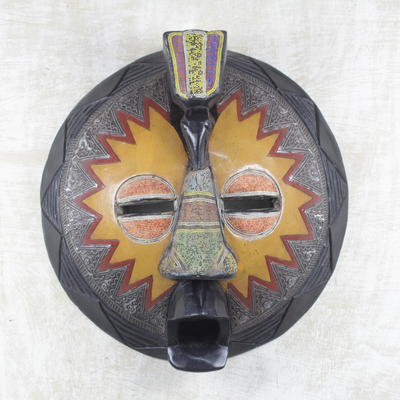 African wood mask, 'Traditional Beauty' - Akan Style Wood Mask with Aluminum and Recycled Beads