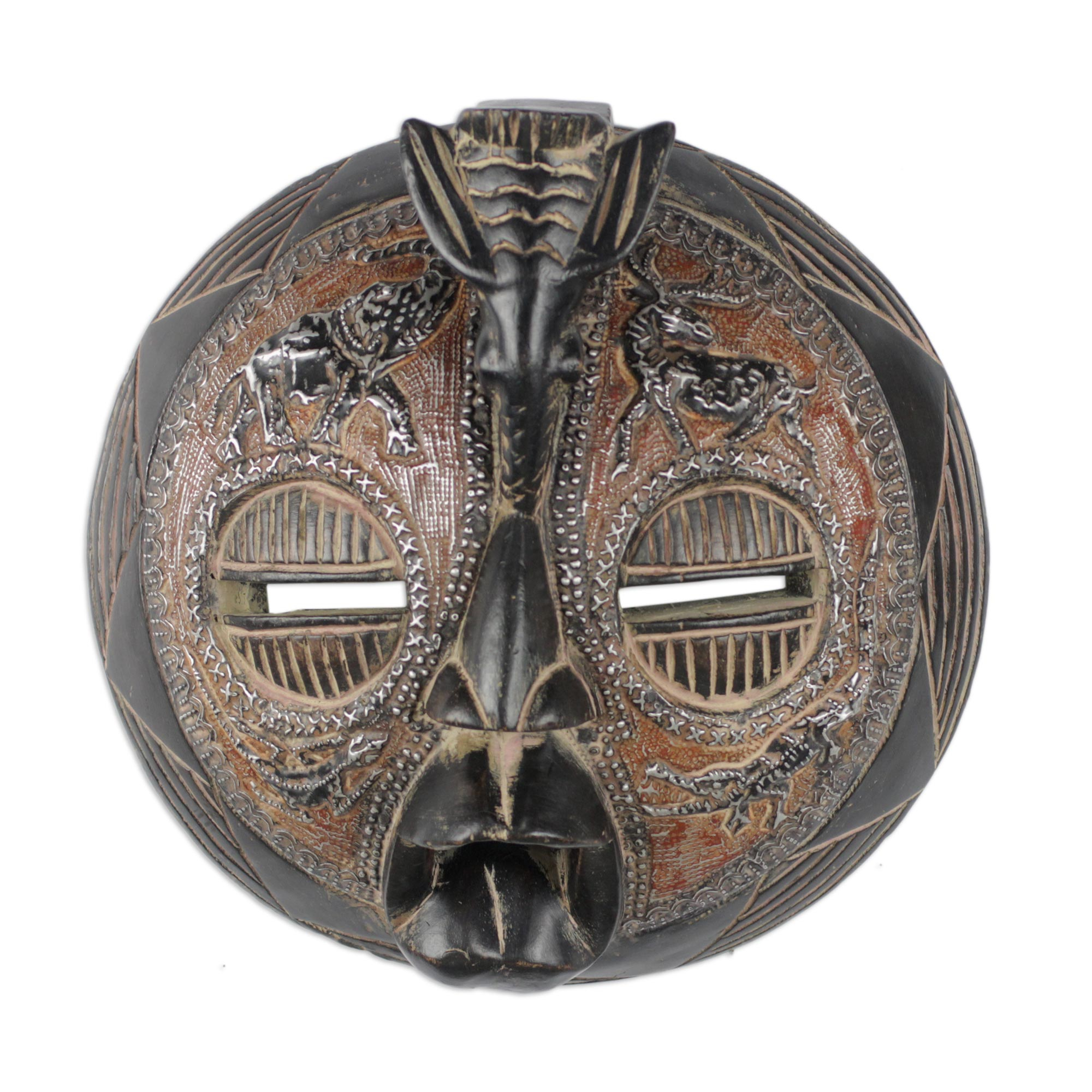 Round African Mask with Embossed Aluminum Animals - Animal Kingdom | NOVICA