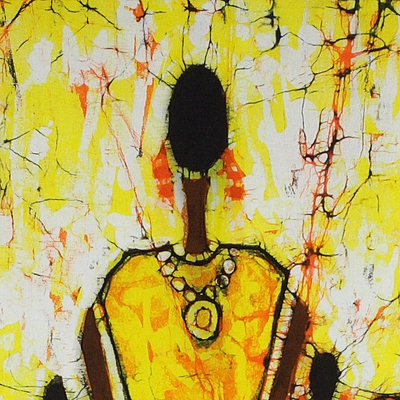 Pintura de algodón batik - Pintura batik africana en calicó de la reina y su séquito
