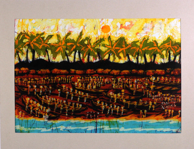 Signed West African Batik Painting of Fishermen from Ghana