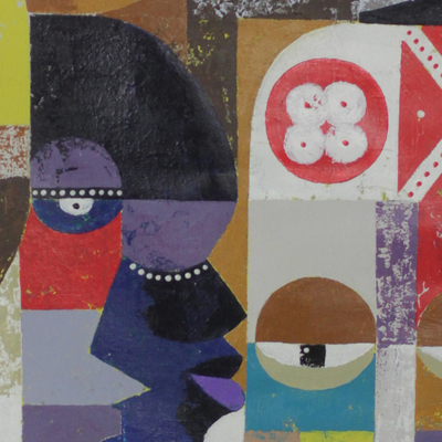 'Sociedad' - Proyecto de paz mundial firmado pintura cubista de África occidental