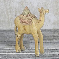 Wood statuette, 'Charming Camel' - Hand Carved Wood Camel Statuette from West Africa