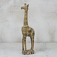 Wood statuette, 'Giraffe Musing' - Hand Carved West African Giraffe Sese Wood Statuette