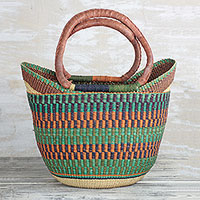 Leather accented raffia tote bag, Bolga Basket