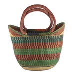 Leather accented raffia tote bag, 'Bolga Basket' - Hand Woven Raffia Natural Fiber Tote with Leather Strap
