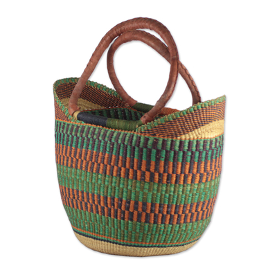 Leather accented raffia tote bag, 'Bolga Basket' - Hand Woven Raffia Natural Fiber Tote with Leather Strap