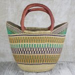 Leather accented raffia tote bag, 'Supper Basket' - Hand Woven Raffia Natural Fiber Tote with Leather Strap
