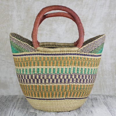 Leather accented raffia tote bag, Supper Basket