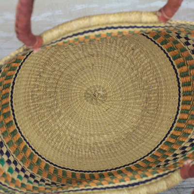 Leather accented raffia tote bag, 'Supper Basket' - Hand Woven Raffia Natural Fiber Tote with Leather Strap
