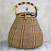 Raffia basket, 'Bounteous' - Colorful Handwoven West African Raffia Covered Basket