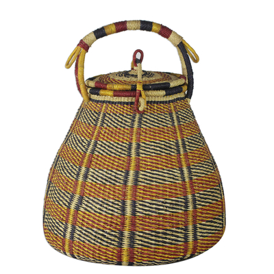 Colorful Handwoven West African Raffia Covered Basket