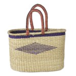 Leather accented raffia tote bag, 'Oval Basket' - Hand Woven Raffia Tote with Leather Handles