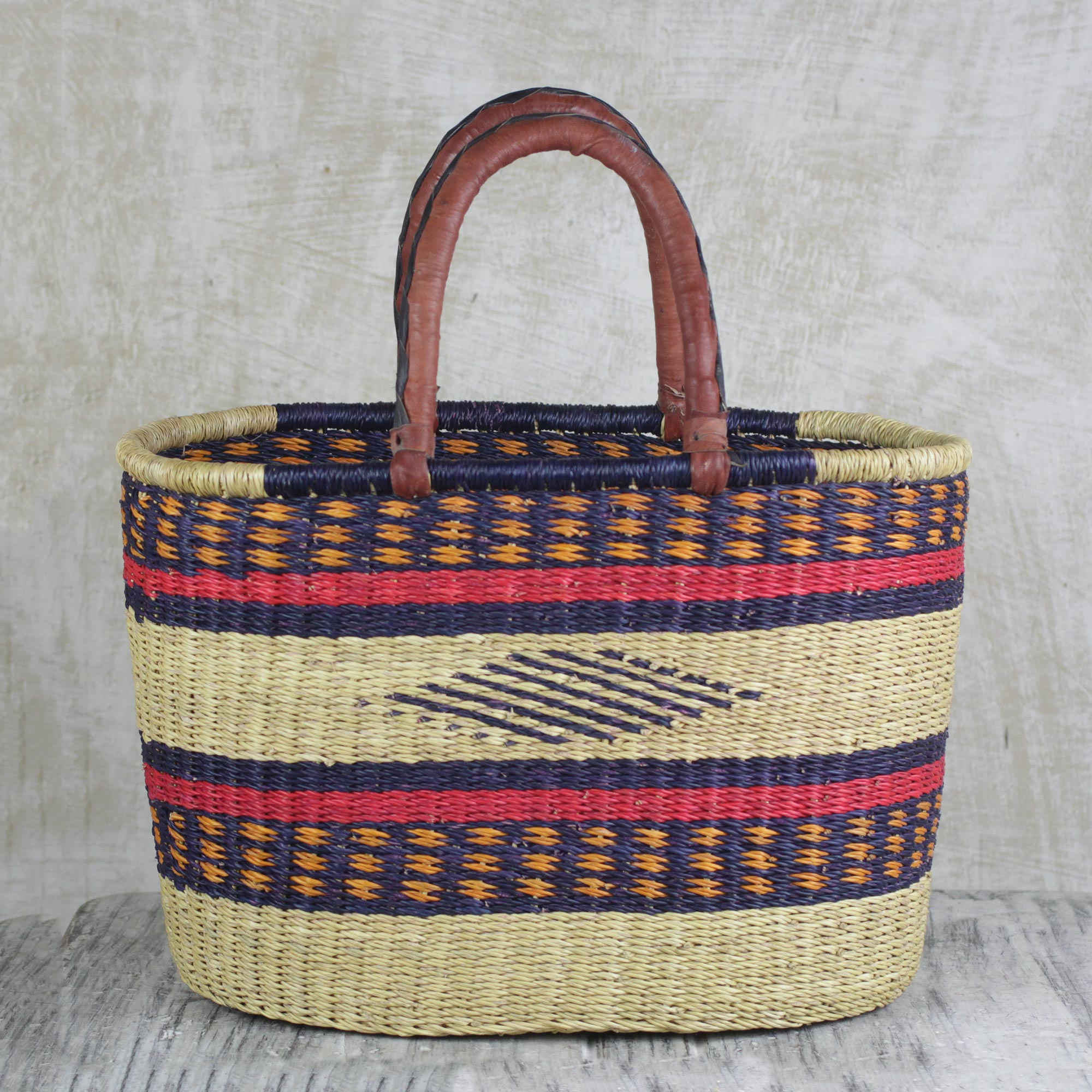 Hand Woven Raffia Natural Fiber Tote with Leather Strap - Kite Basket ...