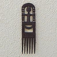 Wood wall accent, 'Akuaba Comb' - Wall Art of Traditional West African Comb and Fertility Doll