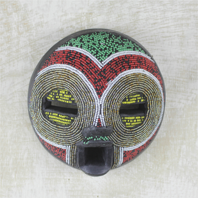 African beaded wood mask, 'Sleepy Beauty' - African Recycled Glass Beaded Sese Wood Mask from Ghana