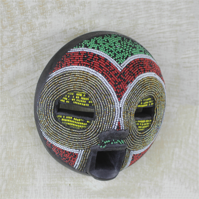 African beaded wood mask, 'Sleepy Beauty' - African Recycled Glass Beaded Sese Wood Mask from Ghana