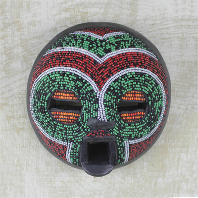 African beaded wood mask, 'Tired Eyes' - African Wood Mask Beaded with Recycled Glass from Ghana