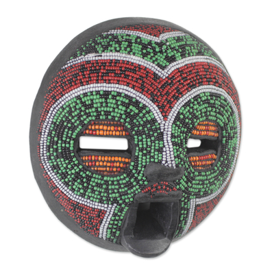 African beaded wood mask, 'Tired Eyes' - African Wood Mask Beaded with Recycled Glass from Ghana