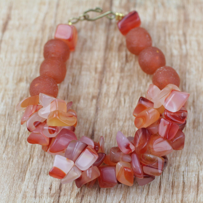 Agate and recycled glass beaded bracelet, 'Coral Kiss' - Handmade Coral Red Agate and Recycled Glass Beaded Bracelet