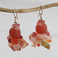 Agate and recycled glass beaded cluster earrings, 'Coral Kiss' - Handmade Coral Red Agate and Recycled Glass Cluster Earrings