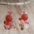 Agate and recycled glass beaded cluster earrings, 'Coral Kiss' - Handmade Coral Red Agate and Recycled Glass Cluster Earrings