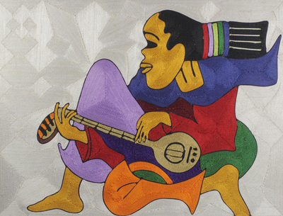 Wandkunst aus Seidenfaden - Handgefertigte westafrikanische Fadenkunst eines Gitarristen