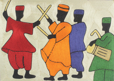 Silk thread wall art, 'The Northern Dance III' - West African Drumming and Dancing Themed Threadwork Art