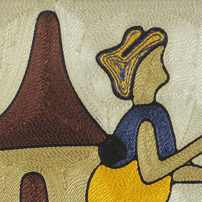 Silk thread wall art, 'The Fufu Pounders' - West African Silk Thread Wall Art of Village Women Working